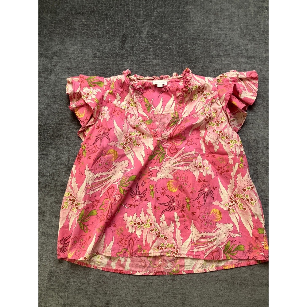 Jennifer & Grace Blouse Top Women Large Pink Floral Ruffle V-Neck Flutter Sleeve